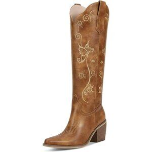 Women's Brown Knee High Tall Boots Slip On Design with Pointed Toe Comfortable